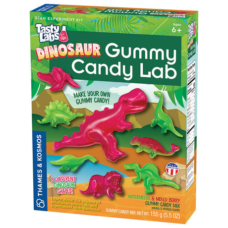 Dinosaur Gummy Candy Lab box showing colorful dinosaur-shaped gummies and STEM experiment branding for ages 6 and up.