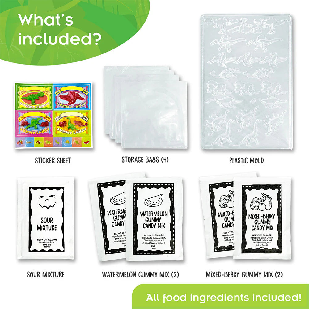 Dinosaur Gummy Candy Lab includes molds, sour mixture, watermelon and mixed-berry gummy mixes, storage bags, and sticker sheet.