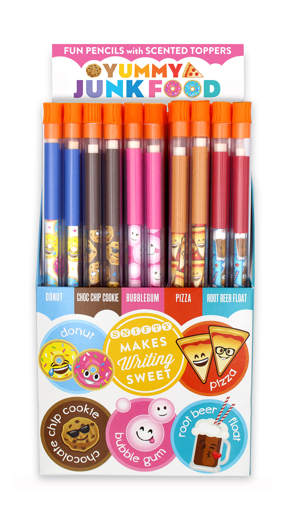 Pencil Topper Scented | Junk Food colorful pencils with donut, cookie, bubblegum, pizza, and root beer float toppers.