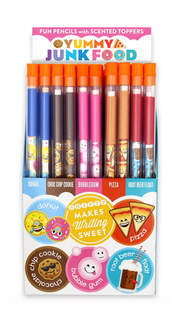 Pencil Topper Scented | Junk Food colorful pencils with donut, cookie, bubblegum, pizza, and root beer float toppers.