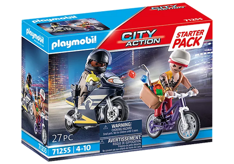 City Action | Tactical Unit and Thief with policeman and thief figures on motorbike and bicycle in chase scene toy set.