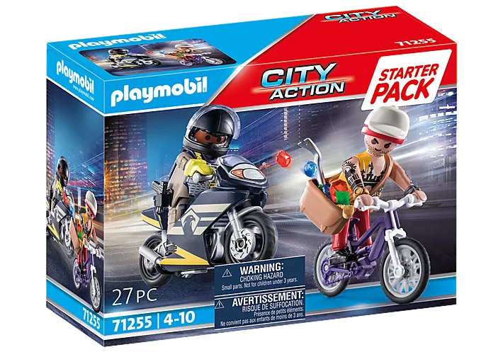 City Action | Tactical Unit and Thief with policeman and thief figures on motorbike and bicycle in chase scene toy set.