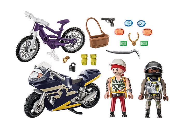 City Action | Tactical Unit and Thief with SEK policeman, thief, motorbikes, helmet, pistol, crowbar, jewels, and accessories.