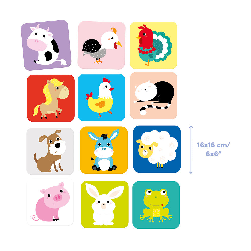 Suuuper Size Memory Game featuring jumbo animal cards like cow, guinea fowl, horse, dog, sheep, and frog for toddlers.