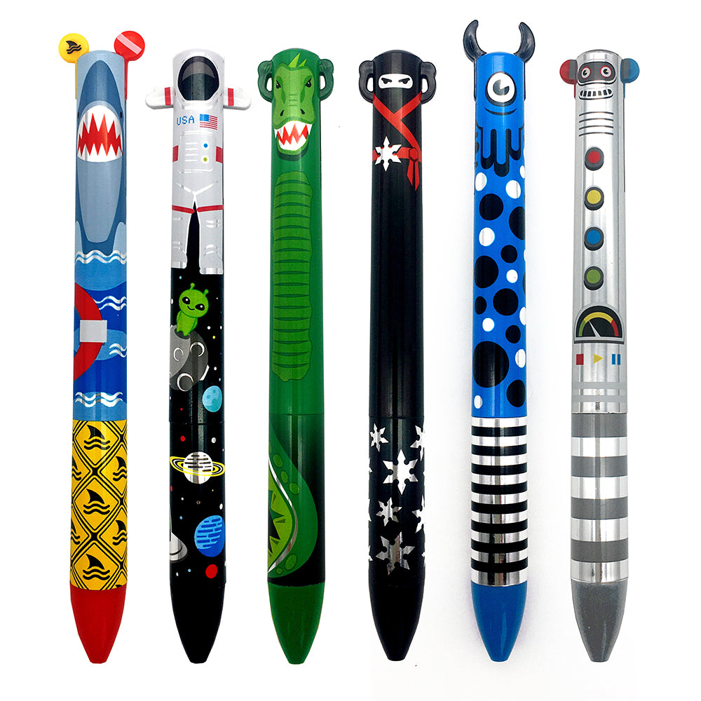 Twice as Nice 2 Color Click Pen | Metallic featuring fun astronaut, dinosaur, ninja, and robot designs with dual ink colors.