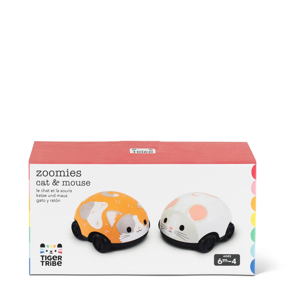 Cat & Mouse Pullbacks toys in orange and white, compact size for toddlers to push and pull and zoom across the floor.
