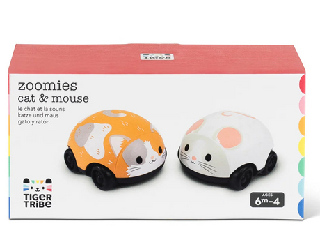 Cat & Mouse Pullbacks toys in orange and white, compact size for toddlers to push and pull and zoom across the floor.