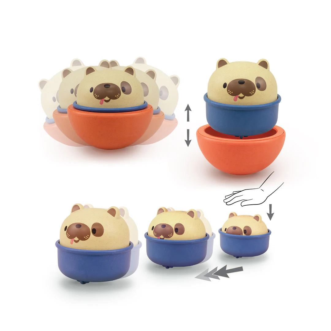 Rocking Rollers Dog toy rocks back and forth or glides on wheels when pressed, made from eco-friendly bioplastic.