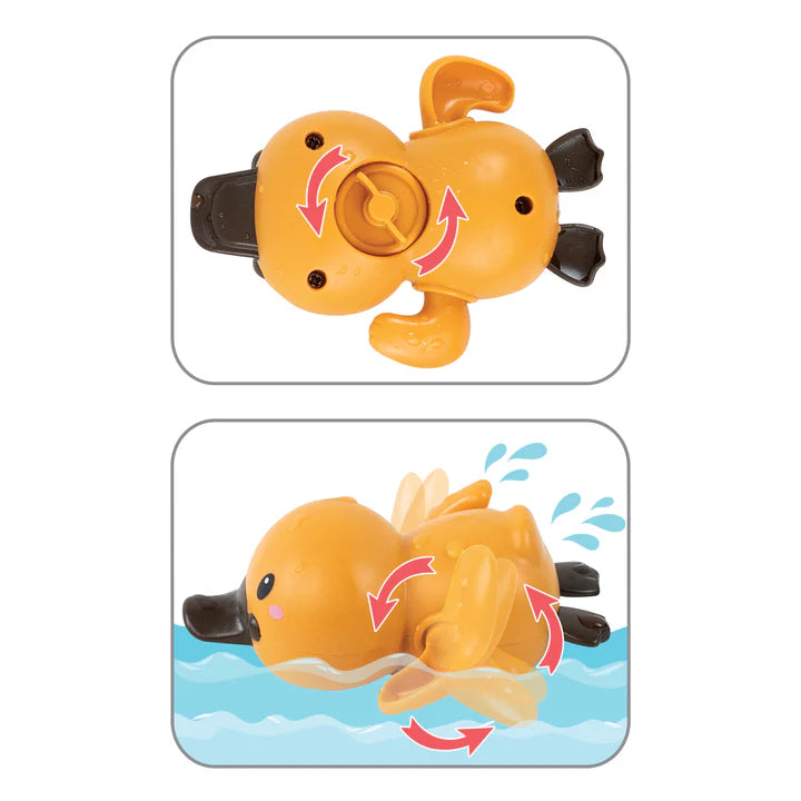 Image depicting the winding mechanism of an orange bath racer platypus. No batteries required!