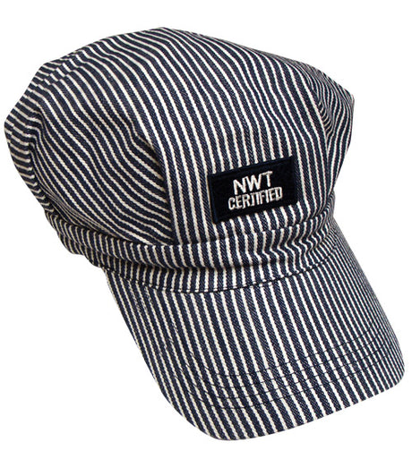 Striped fabric Train Engineer Cap with NWT Certified patch, designed for comfortable fit and imaginative play.