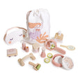 Spa Retreat Set with mermaid bag, eye mask, rollers, mirror, soap, scrub, lotion, lip balm, and foot file accessories.