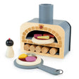 Make Me a Pizza! wooden toy pizza oven with felt pizza, toppings, slider, and pepper pot for pretend play.