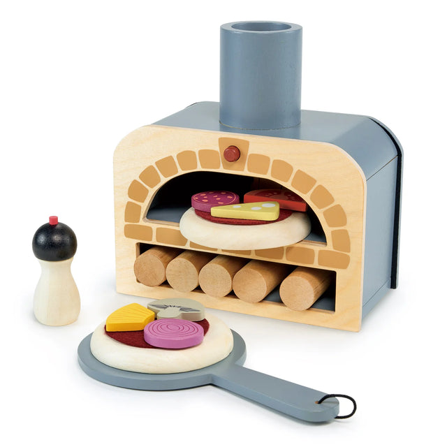 Make Me a Pizza! wooden toy pizza oven with felt pizza, toppings, slider, and pepper pot for pretend play.