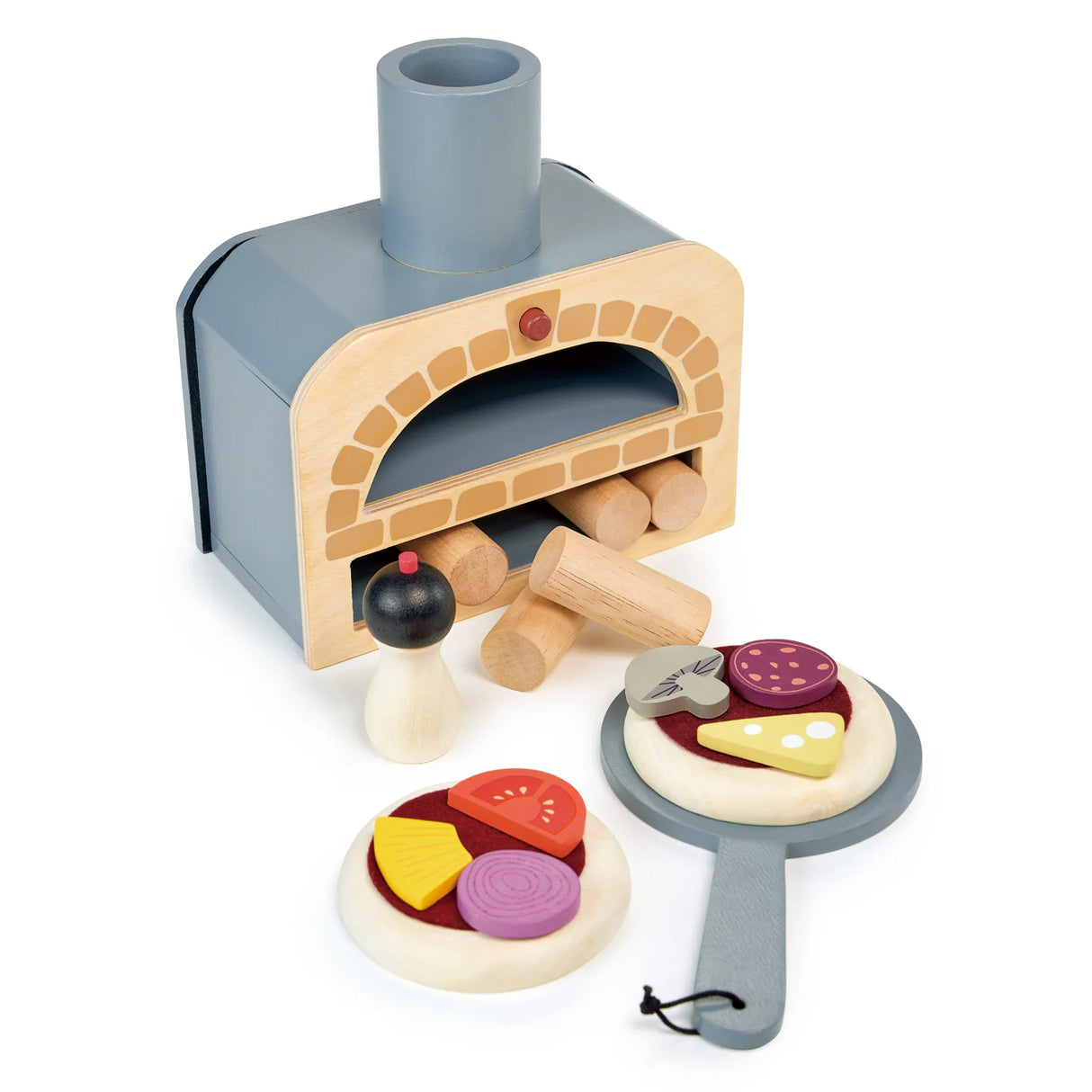 Make Me a Pizza! wooden play oven with pizza toppings, logs, pepper pot, and pizza slider for pretend cooking fun.