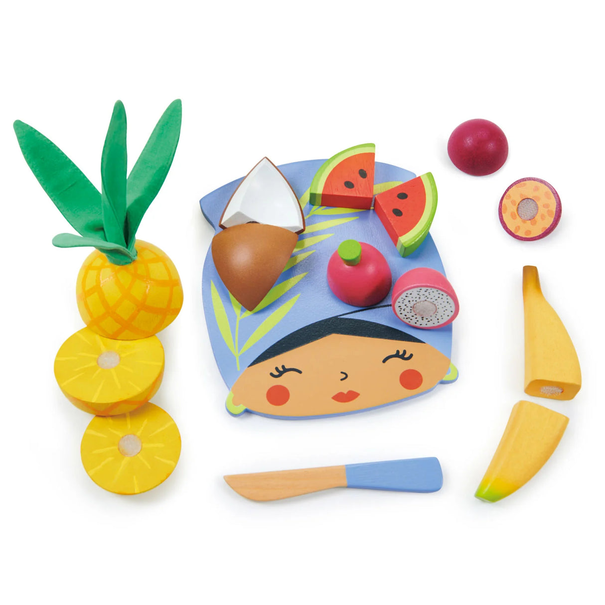 Tropical Fruit Chopping Board with wooden fruits including pineapple, watermelon, coconut, banana, passionfruit, dragon fruit, and blue knife.