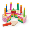 Rainbow Birthday Cake wooden toy with six colorful candles and velcro slices for kids 3 years and older.