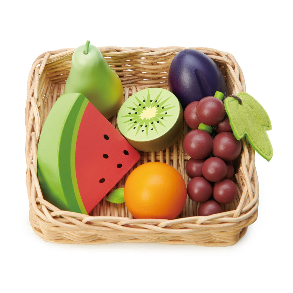 Fruity Basket with handcrafted wicker holding grapes, kiwi, watermelon slice, pear, plum, and tangerine fruits.