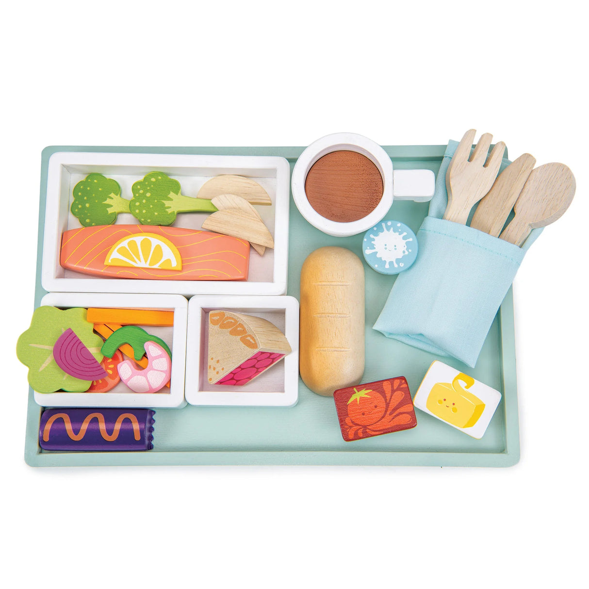 Airline Meal Tray with 3 courses, bread roll, cutlery, tea cup, and dessert on a light blue tray for kids.