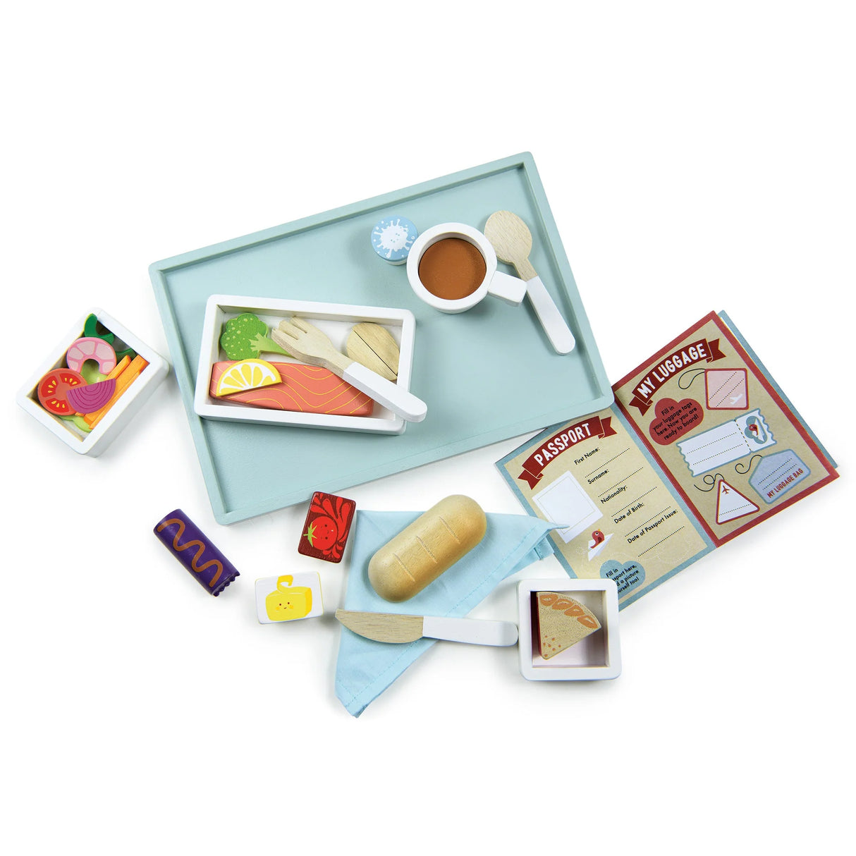 Airline Meal Tray with prawn salad, salmon, bread roll, cherry pie, tea, cutlery, and kiddy passport for kids 3+