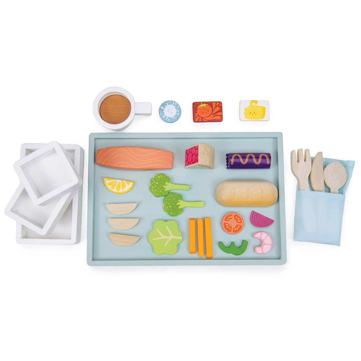 Airline Meal Tray with 3 courses, bread roll, cutlery, tea cup, butter, tomato sauce, and kiddy passport.