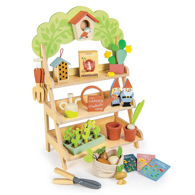 Wooden Garden Centre with shelves, gardening tools, birdhouses, pots, seedlings, gnomes, and seed packets for kids 3 years+