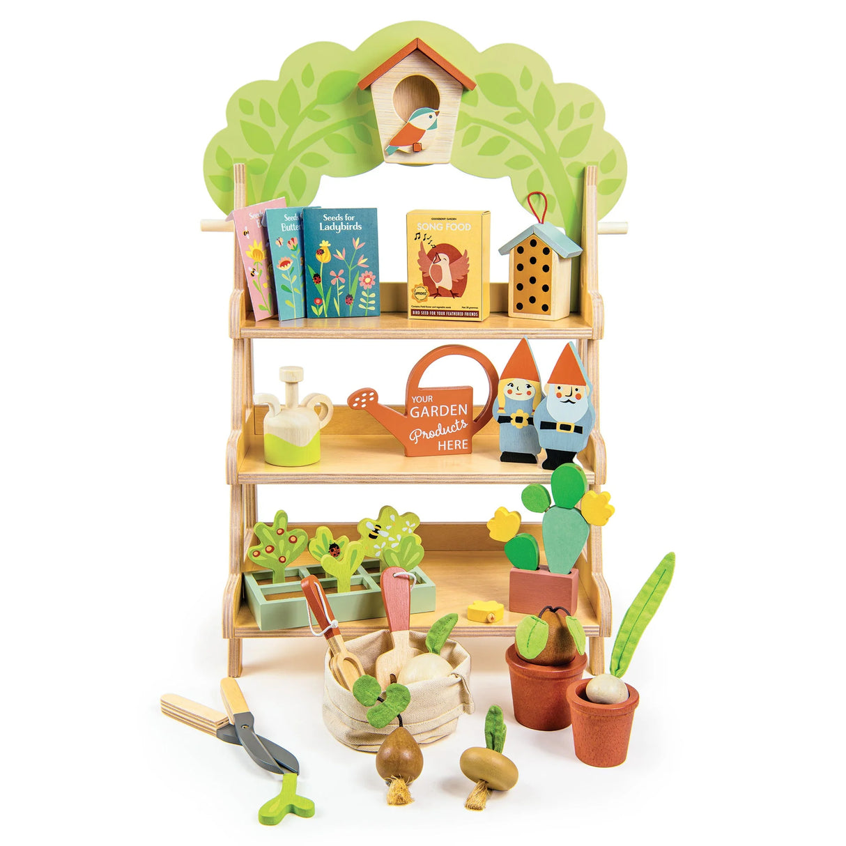 Garden Centre with three shelves, garden tools, birdhouse, gnome figurines, plant pots, and seed packets for kids 3+.