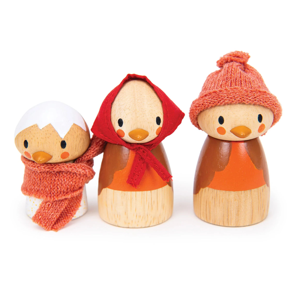 Robin's Nest Box featuring wooden robin figures dressed in cozy knitted hats and scarves for children 3 years and up.