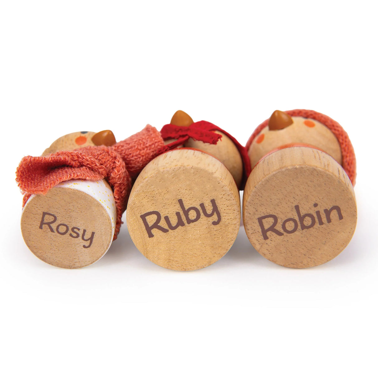 Robin's Nest Box wooden figures named Rosy, Ruby, and Robin with cozy knitted hats and scarves.