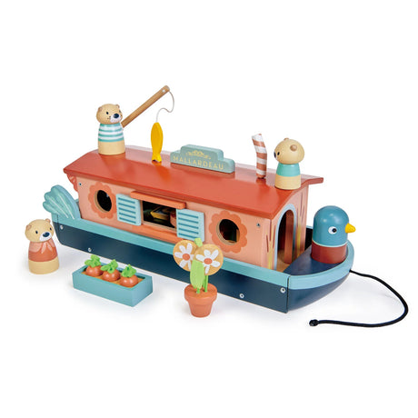Little Otter Canal Boat wooden toy with otter figures, fishing rod, removable roof, and colorful accessories for imaginative play.