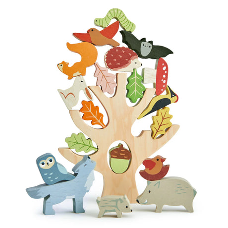 Stacking Forest wooden tree trunk with 19 colorful animals and plants including owl, wolf, squirrel, and leaves for ages 18 months+