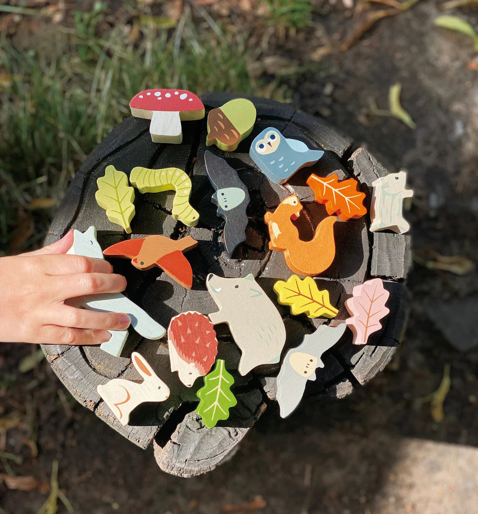 Stacking Forest wooden stacking tree trunk with 19 colorful animals and plants including owl, squirrel, rabbit, and leaves.
