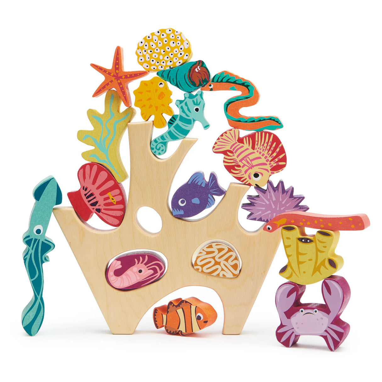 Stacking Coral Reef wooden stacking toy with colorful sea creatures including fish, crab, seahorse, squid, and coral pieces.