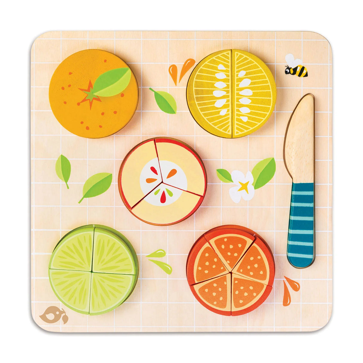 Citrus Fractions wooden set with colorful fruit slices and knife on board teaching kids fractions.