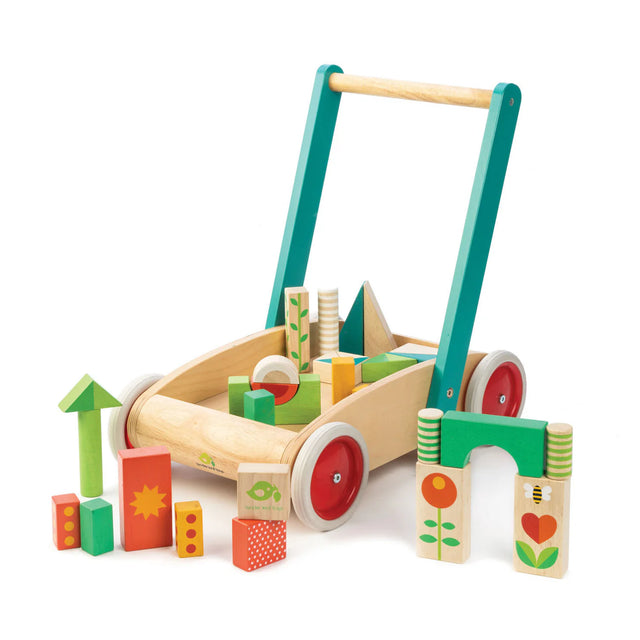 Baby Block Walker with sturdy wooden handle and 29 colorful garden-themed blocks for toddler balance and creative play.
