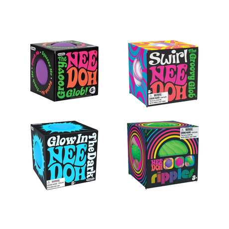 Four colorful boxed styles of NeeDoh Teenie! including Glow in the Dark, Swirl, Ripples, and Original in mini packaging.