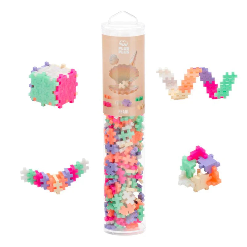 Plus Plus Pearl 240pc set with colorful interlocking pieces in reusable travel tube for creative STEM play.