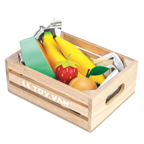 Fruits 5 a Day Crate with wooden bananas, strawberry, peach, and watermelon in a storage crate for creative play.