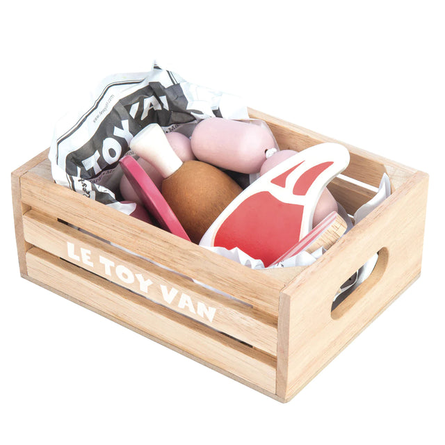 Market Meat Crate wooden roleplay toy with sausage, steak, chicken, and bacon pieces for imaginative play.