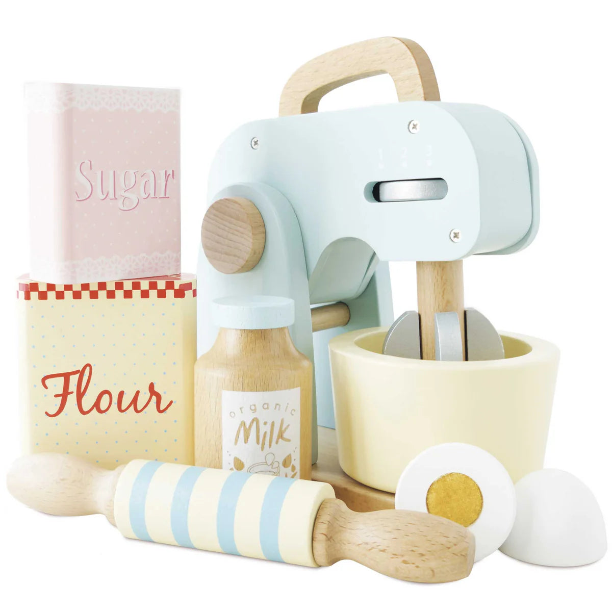 Wooden Mixer Set with pastel blue mixer, rolling pin, milk bottle, flour and sugar boxes, and egg accessories for kids.