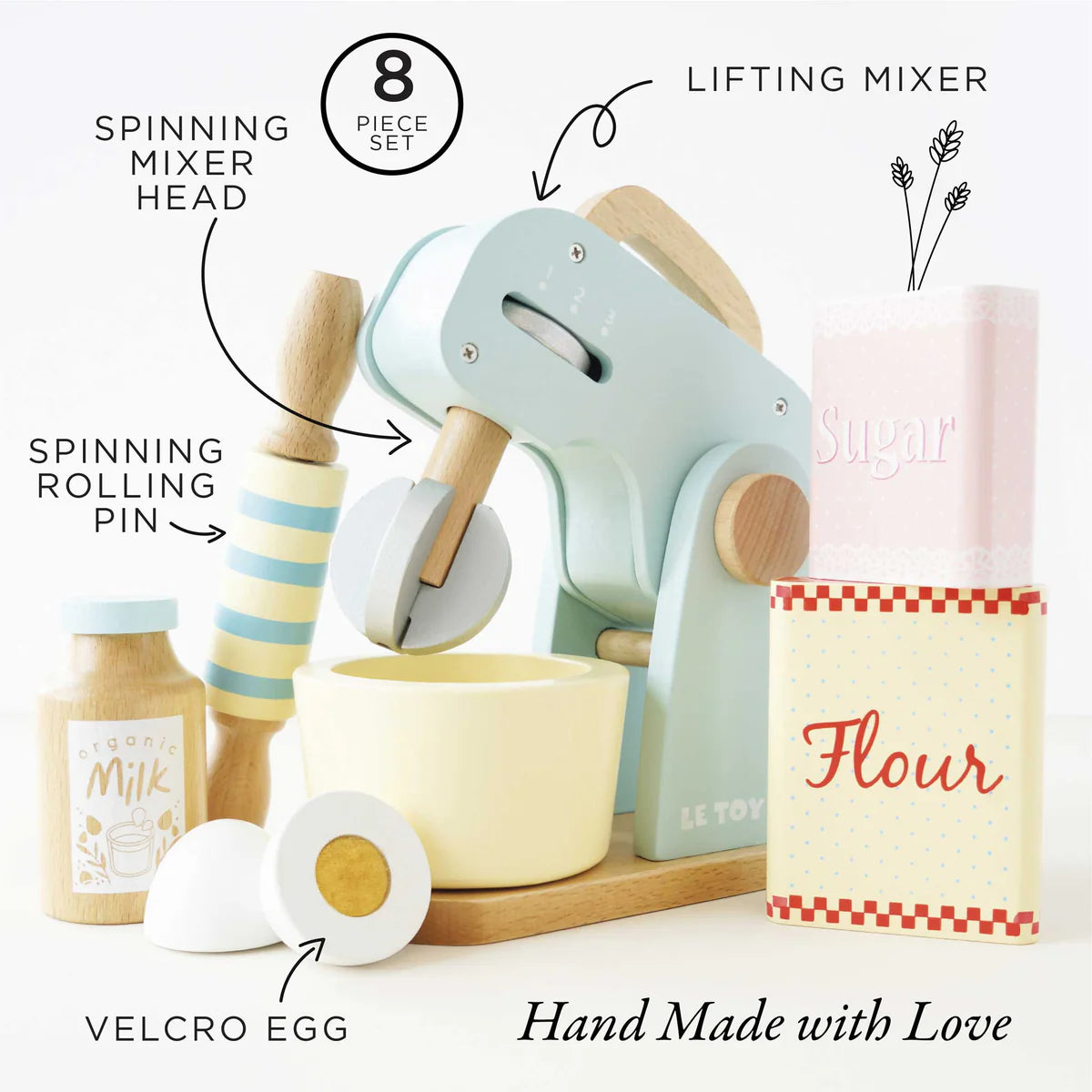 Mixer Set wooden toy with pastel colors, including lifting mixer, spinning rolling pin, milk bottle, egg, sugar, and flour.