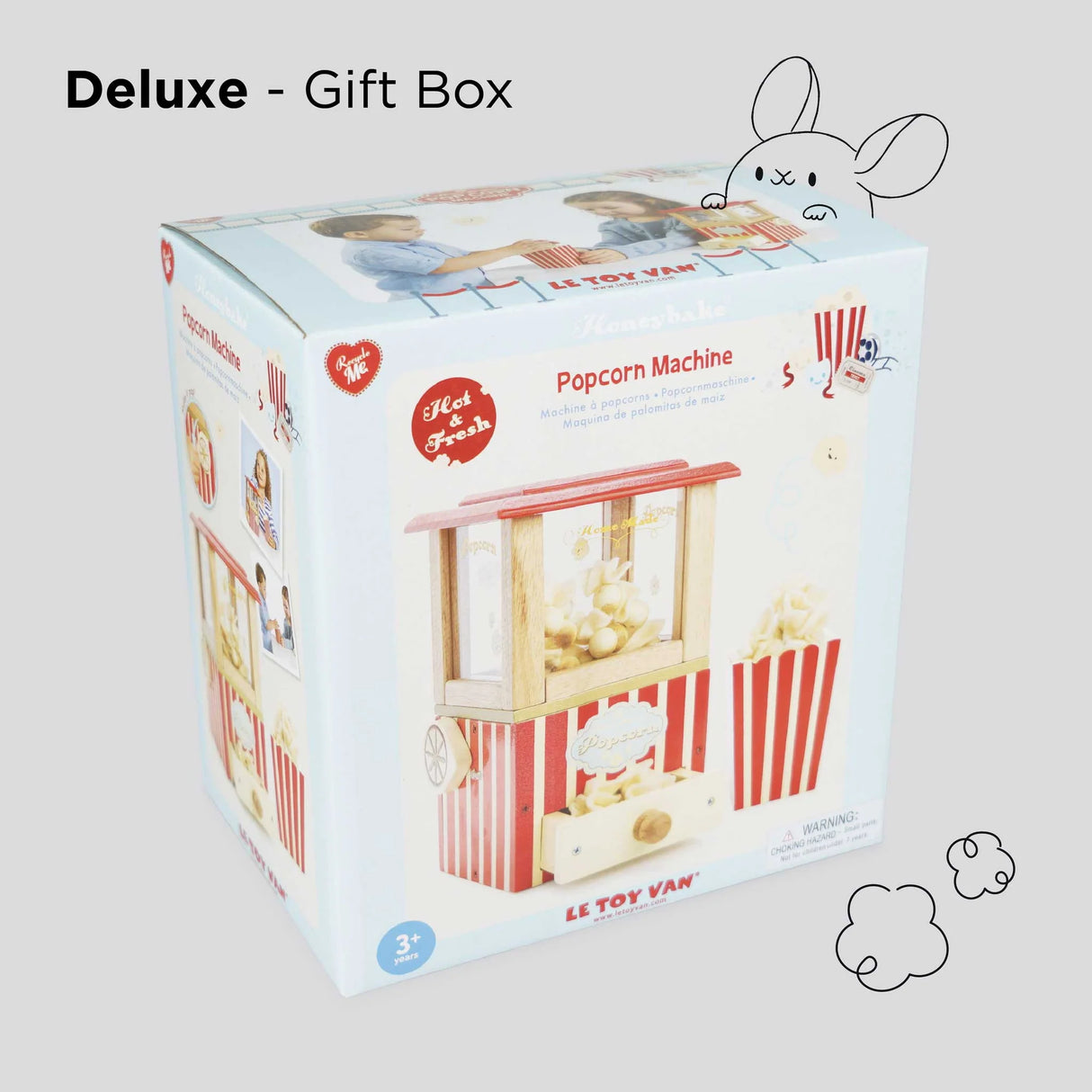 Popcorn Machine toy in deluxe gift box with red and white stripes and felt play popcorn for ages 3+