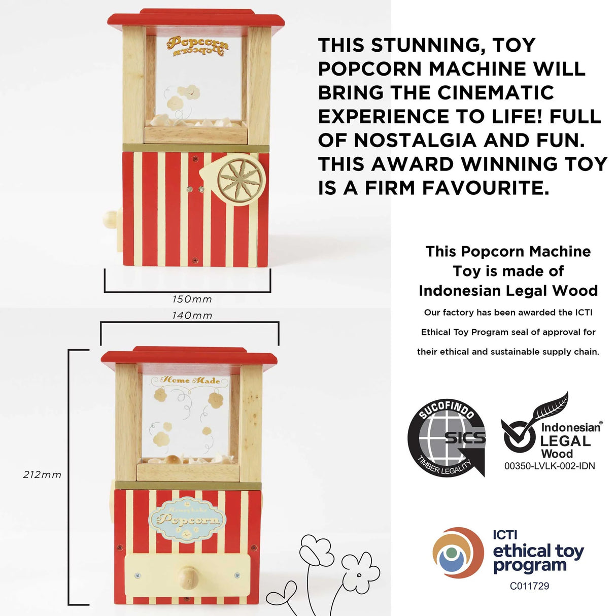 Popcorn Machine toy with red-striped wooden design, play popcorn drawer, and pop handle for kids ages 3+ cinematic fun.