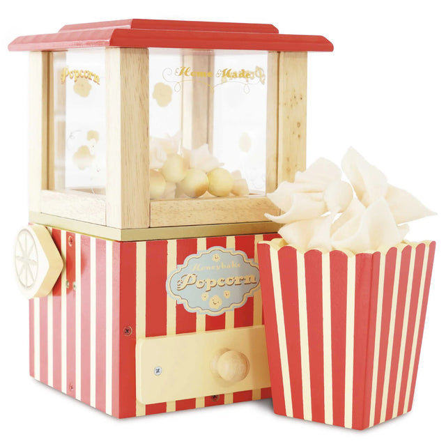 Popcorn Machine toy with red and white stripes, play popcorn pot, and pop handle for kids ages 3 and up.
