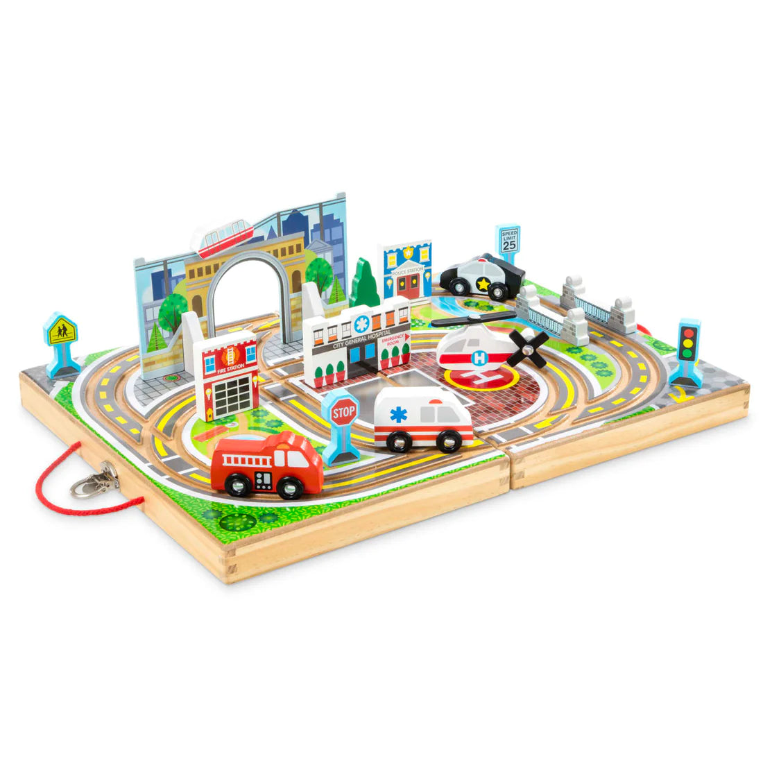 Take Along Town wooden playset with built-in tracks, vehicles, buildings, and foldable case for travel and play.