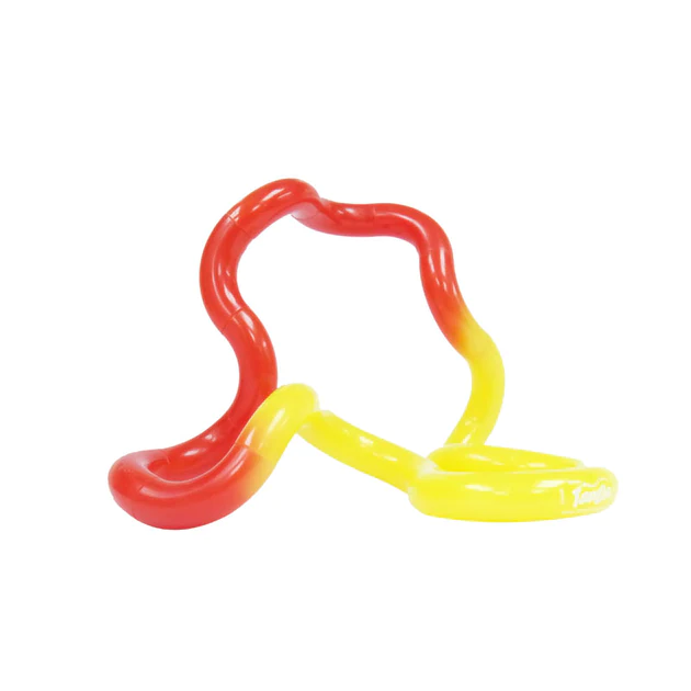 Tangle Jr Color-Change fidget toy in red and yellow twisting form with heat-activated color-changing feature.