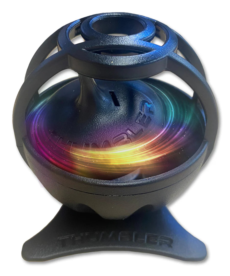 Thumbler handheld spinning top with colorful LED lights and sleek black design, perfect for satisfying fidget play.
