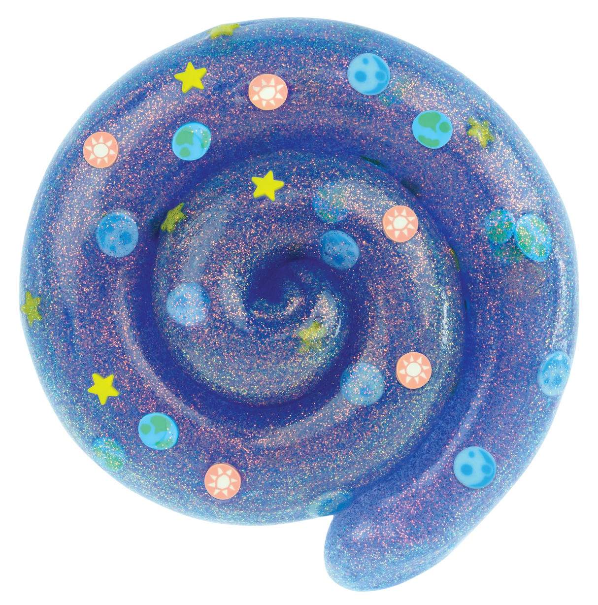 Cosmic Glows Total Eclipse Thinking Putty with sparkling galaxy design and multicolored glow pieces in a spiral shape.