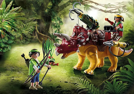 Dino Rise Triceratops with Milow and villain figures, removable armor, cannons, grappling hook in jungle adventure setting.
