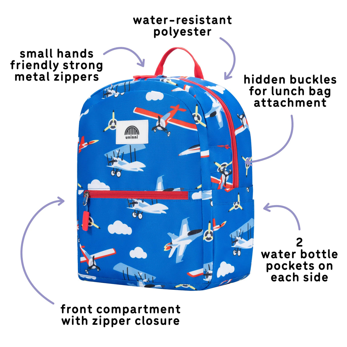 Ethan Backpack | Airplane kids school backpack with airplane print, water-resistant, multiple pockets, and strong zippers.