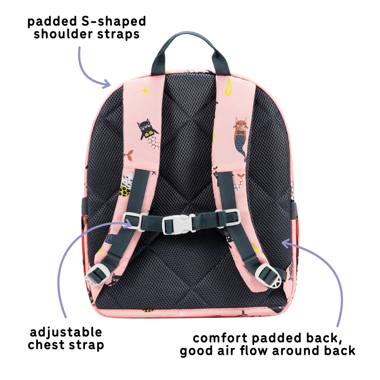 Ethan Backpack | Swimming Mercats with padded S-shaped straps, adjustable chest strap, and cushioned breathable back for kids comfort.